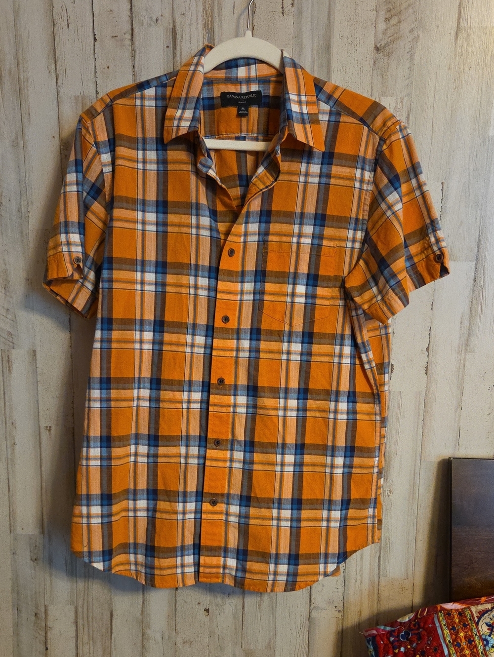 Banana Republic Orange and Blue Plaid Short-Sleeve Button-Up Shirt